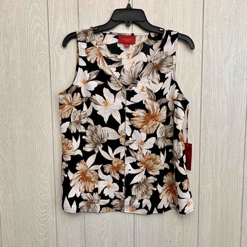 Jennifer Lopez Floral Black Sleeveless V-Neck Blouse Size Small NWT